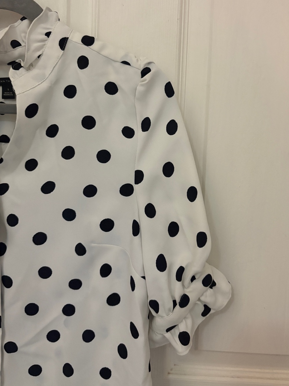 Ann Taylor Polka Dotted Stand Up Collar Ruffle Sleeve Top - Picture 4 of 10
